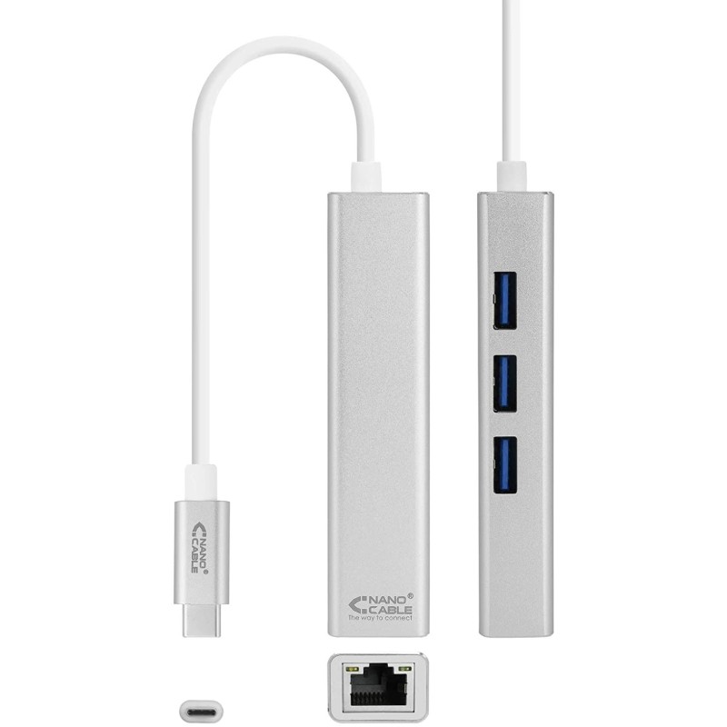 CONVERSOR USB-C A ETHERNET GIGABIT + 3xUSB 3.0  PLATA  15 CM