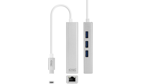 CONVERSOR USB-C A ETHERNET GIGABIT + 3xUSB 3.0  PLATA  15 CM
